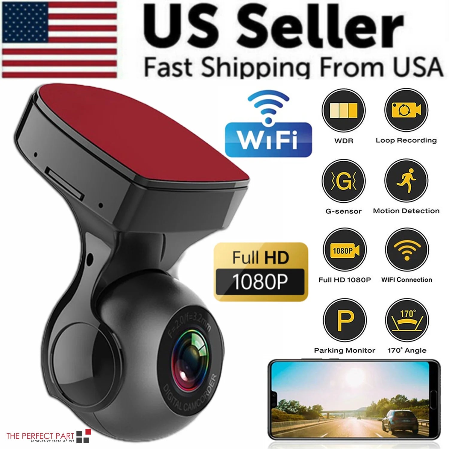 170° Wifi Dash Cam Recorder | HD 1080P Car DVR with G-Sensor for Vehicle Video